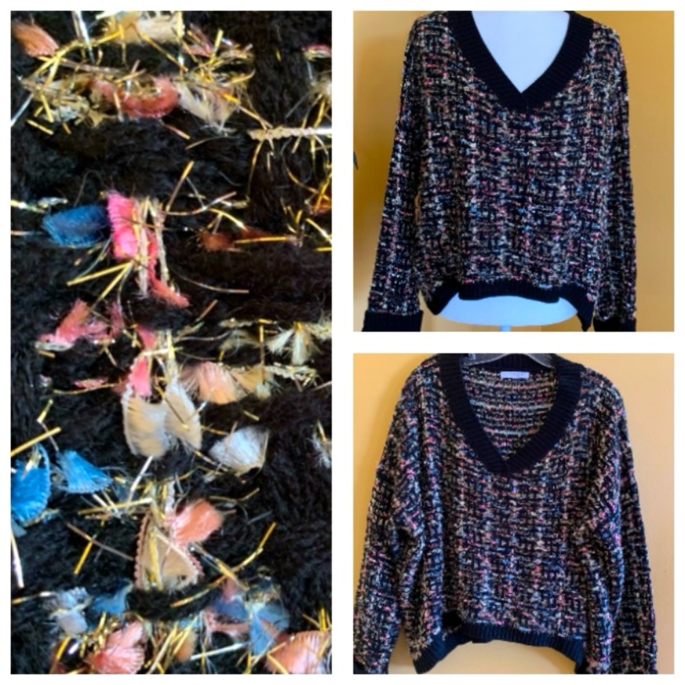 FAVLUX Black Gold Metallic MultiColor V-Neck Oversize Cropped Sweater Size Small